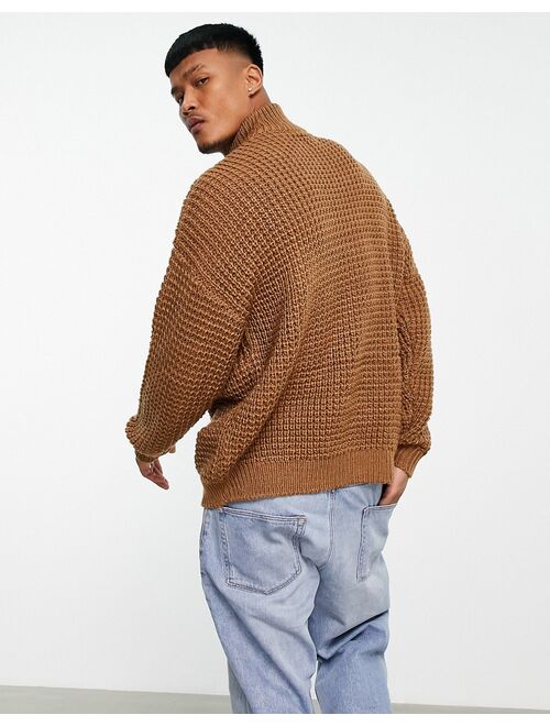 ASOS DESIGN oversized waffle knit half zip sweater in tan
