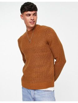 textured crew neck knit sweater in brown