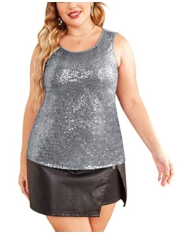 IN'VOLAND Women's Plus Size Sequin Top Shimmer Tank Tops Sparkle Glitter Embellished Sleeveless Vest Sparkly Shirts
