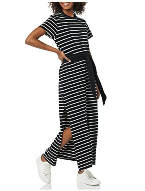 Monrow Women's Hd0437-1-stripe Pocket Tee Dress W/Tie