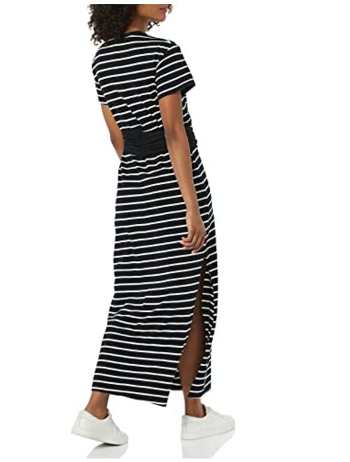 Monrow Women's Hd0437-1-stripe Pocket Tee Dress W/Tie