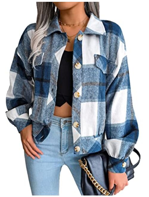 Zontroldy Womens Fashion Cropped Corduroy Plaid Shacket Jacket Button Down Long Sleeve Crop Shirts Jackets Tops