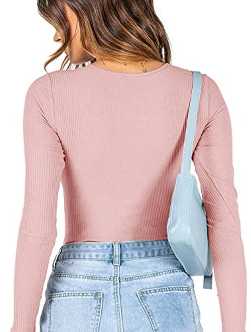 REORIA Womens Fashion Crew Neck Long Sleeve Underbust Detailing T Shirts Knit Ribbed Bodysuits Tops