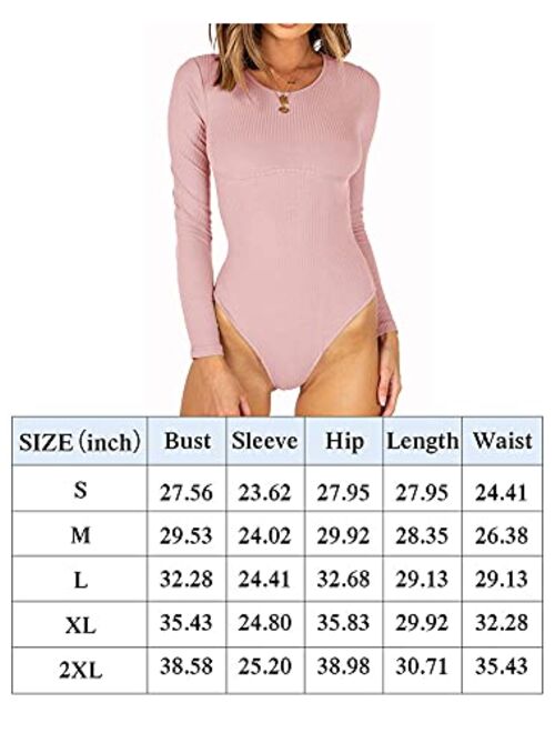 REORIA Womens Fashion Crew Neck Long Sleeve Underbust Detailing T Shirts Knit Ribbed Bodysuits Tops