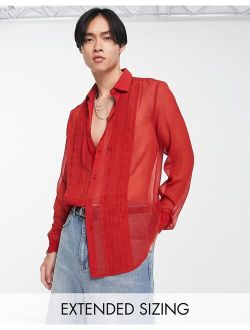 regular sheer shirt with pleat front in red - RED