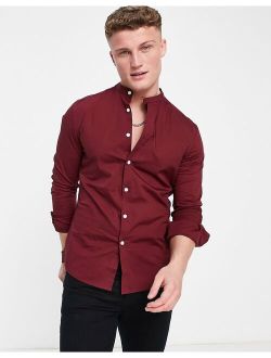stretch skinny fit shirt in burgundy with grandad collar