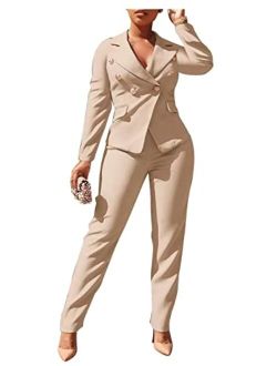Womens Casual 2 Piece Outfits Business Office Button Down Blazer and Pant Suits Set