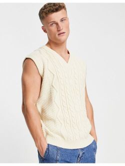 oversized heavyweight cable knit v-neck tank in ecru