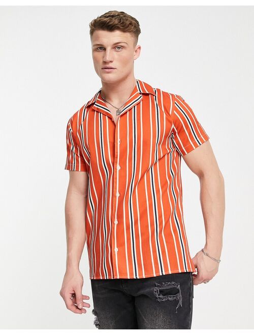 Selected Homme revere shirt in orange and navy vertical stripe