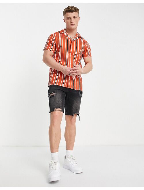 Selected Homme revere shirt in orange and navy vertical stripe