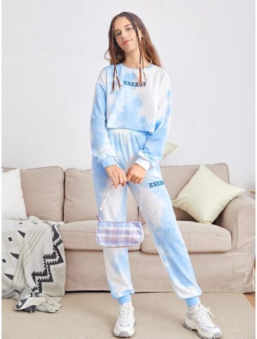 SHEIN Teen Girls Tie Dye Letter Embroidery Pullover & Sweatpants Set