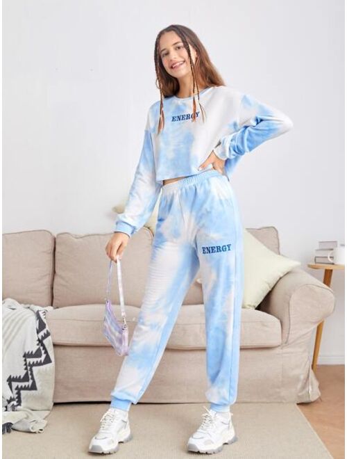 SHEIN Teen Girls Tie Dye Letter Embroidery Pullover & Sweatpants Set