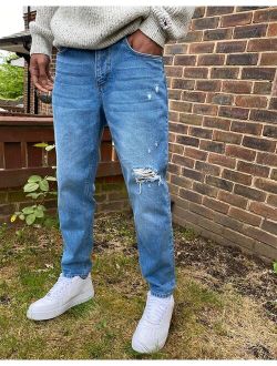 classic rigid jeans in mid wash blue with rips