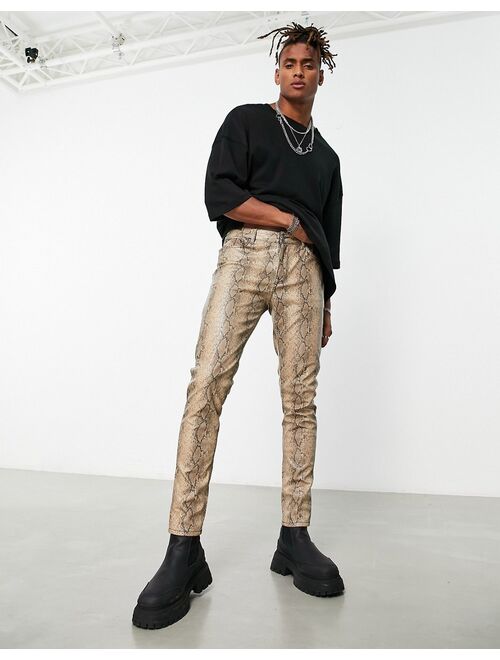 ASOS DESIGN skinny fit jean in ecru snake print leather look