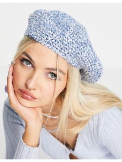 mixed knit crochet beret in blue and white