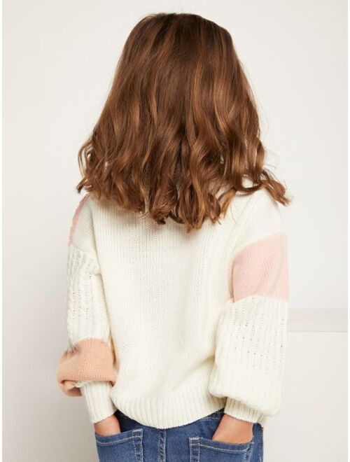 SHEIN Toddler Girls Colorblock Cable Knit Drop Shoulder Sweater