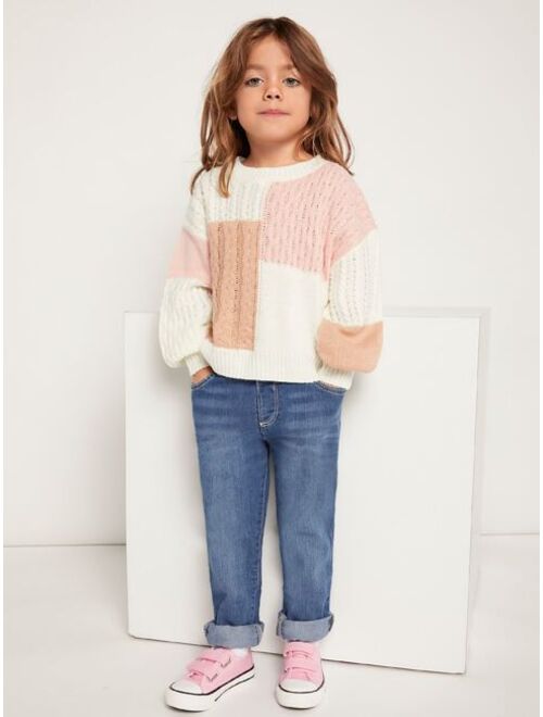 SHEIN Toddler Girls Colorblock Cable Knit Drop Shoulder Sweater