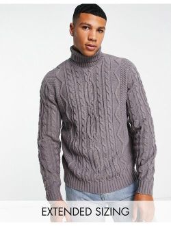 heavyweight cable knit roll neck sweater in charcoal