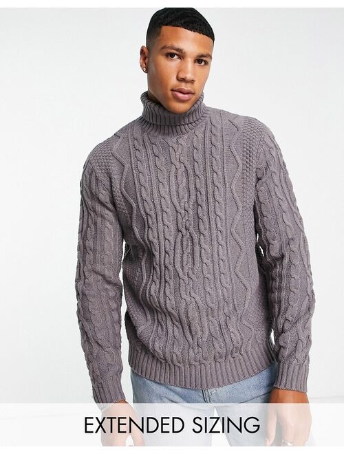 ASOS DESIGN heavyweight cable knit roll neck sweater in charcoal