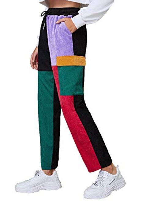 SweatyRocks Women's Casual Color Block Drawstring Waist Corduroy Pants with Pocket