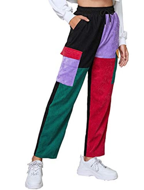 SweatyRocks Women's Casual Color Block Drawstring Waist Corduroy Pants with Pocket