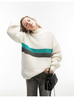 knitted stripe placement funnel sweater in cream