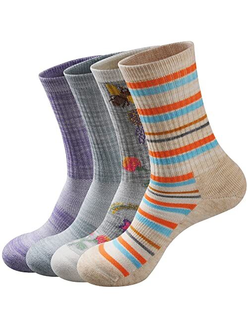GKX Women's Cozy Merino Wool Hiking Cushion Crew Socks 4 Pairs