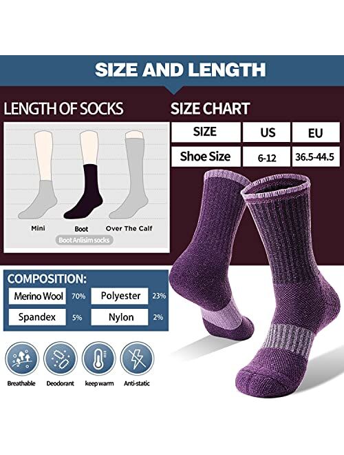 Anlisim Merino Wool Hiking Socks for Women Thermal Winter Warm Boot Work Cushion Gift Socks 5 Pairs