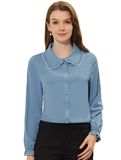 Allegra K Peter Pan Collar for Women's Sweet Ruffle Long Sleeves Button Up Shirt