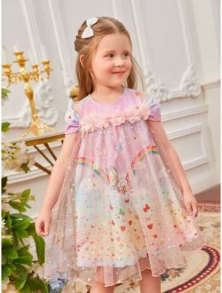 Toddler Girls Butterfly & Unicorn Print Sequin Appliques Cold Shoulder Dress