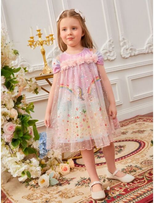 SHEIN Toddler Girls Butterfly & Unicorn Print Sequin Appliques Cold Shoulder Dress