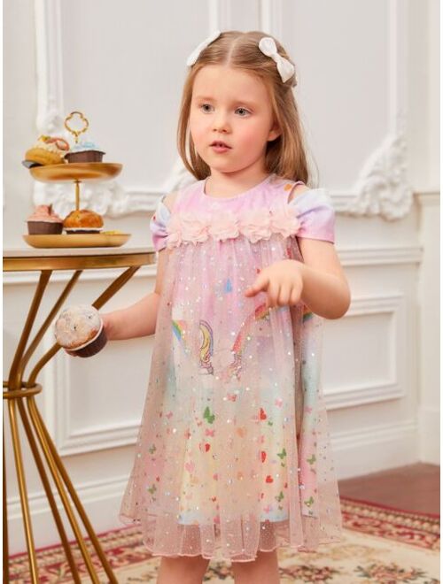 SHEIN Toddler Girls Butterfly & Unicorn Print Sequin Appliques Cold Shoulder Dress