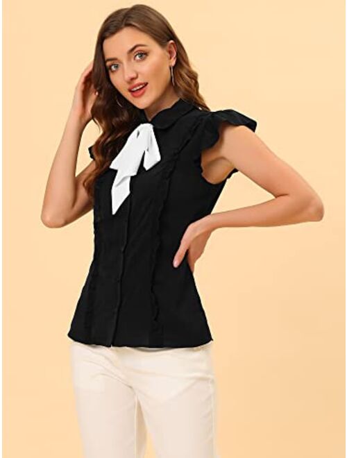 Allegra K Women's Ruffles Cap Sleeve Tops Tie Neck Button Up Peter Pan Collar Blouse Shirts