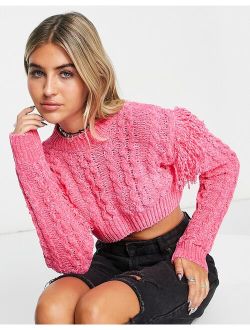 crop cable sweater with fringe in chenille yarn in pink
