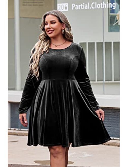 IN'VOLAND Women's Plus Size Velvet Dress A Line Long Sleeve Elegant Cocktail Party Midi Dresses