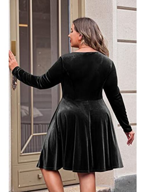 IN'VOLAND Women's Plus Size Velvet Dress A Line Long Sleeve Elegant Cocktail Party Midi Dresses