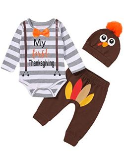 Shalofer Baby Boy My First Thanksgiving Bodysuit Infant Turkey Outfit with Hat (Brown,3-6 Months)