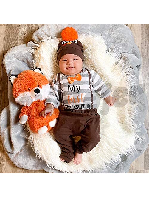 Shalofer Baby Boy My First Thanksgiving Bodysuit Infant Turkey Outfit with Hat (Brown,3-6 Months)