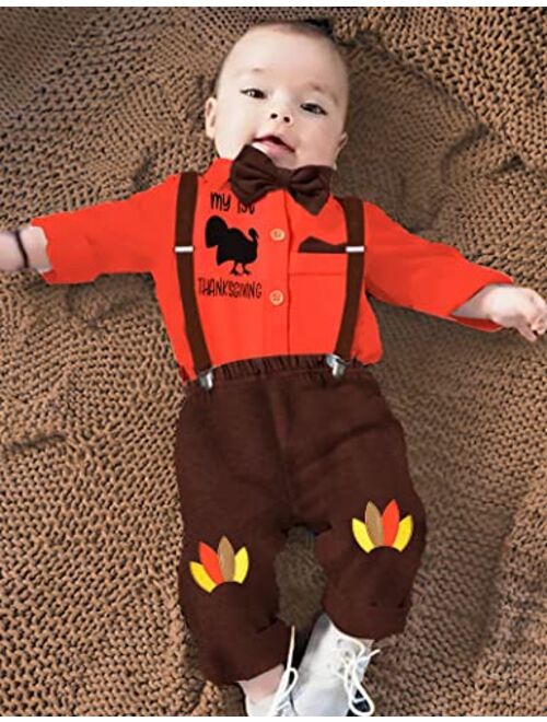 KANGKANG My First Thanksgiving Baby Boy Outfit 3Pcs, Thanksgiving Baby Romper + Suspender Pants + Hat