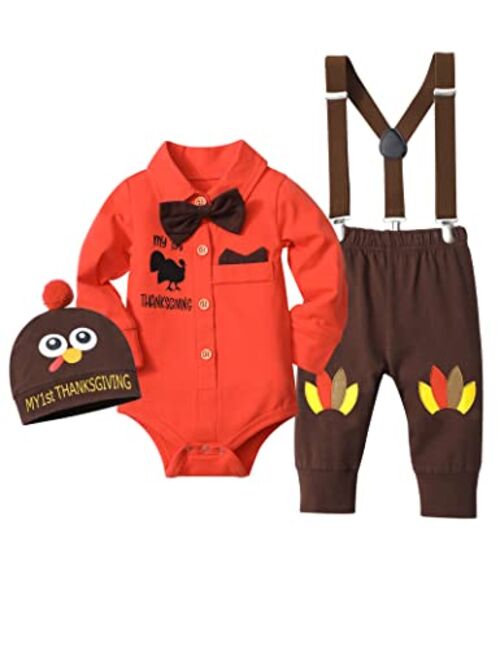 KANGKANG My First Thanksgiving Baby Boy Outfit 3Pcs, Thanksgiving Baby Romper + Suspender Pants + Hat