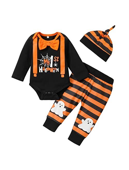 Fairy Baby Infant Baby Boy My First Halloween Outfits Newborn Bowtie Pumpkin Romper Skull Stirped Pants Set with Hat 0-18Months
