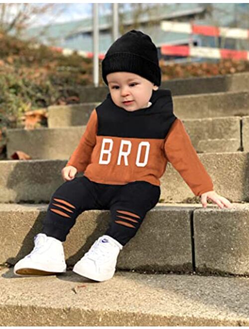 Agapeng Toddler Baby Boy Clothes Long Sleeve Hoodie Sweatsuit Letter Print Sweatshirt Ripped Pants Fall Winter Outfits Set