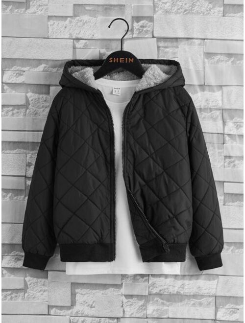 SHEIN Boys Teddy Lined Hooded Argyle Quilted Coat