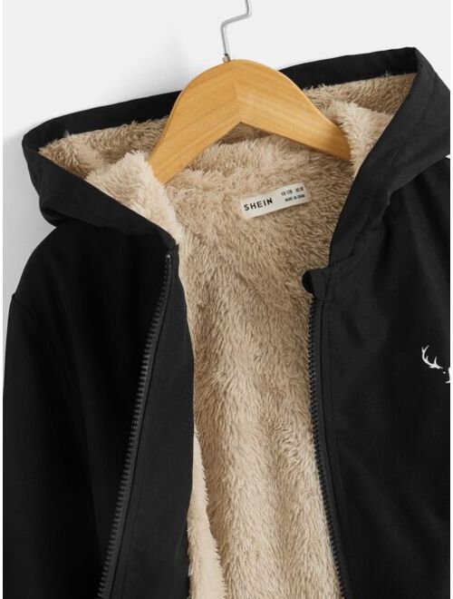 SHEIN Boys Antler Print Teddy Lined Zipper Hooded Jacket