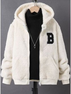 Boys Letter Patched Hooded Teddy Jacket Without Sweater