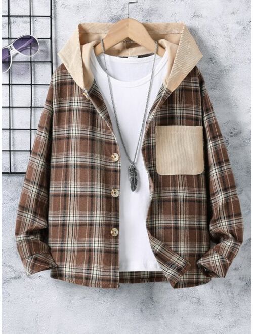 Shein Boys Plaid Patched Pocket Hooded Jacket Without Tee