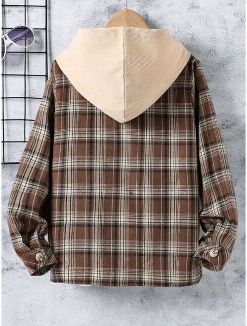 Shein Boys Plaid Patched Pocket Hooded Jacket Without Tee