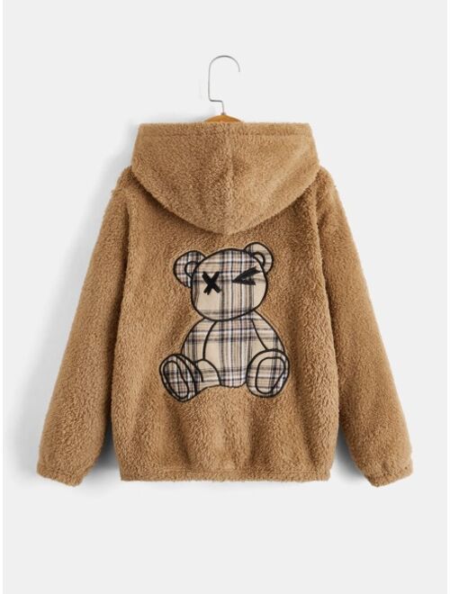 SHEIN Boys Bear Embroidery Drop Shoulder Hooded Teddy Jacket