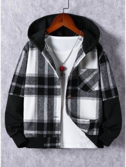Boys Plaid Patched Pocket Hooded Jacket Without Tee