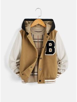 Boys 1pc Letter Patch Detail Two Tone Hooded Jacket